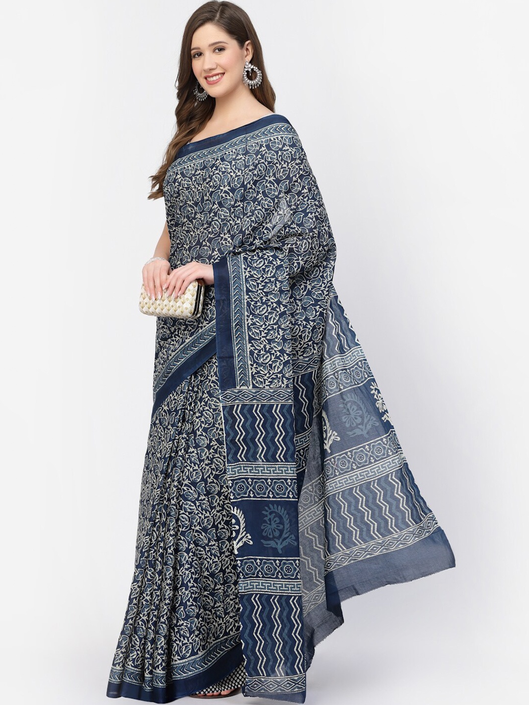 

Kishori Sarees Floral Pure Cotton Saree, Navy blue