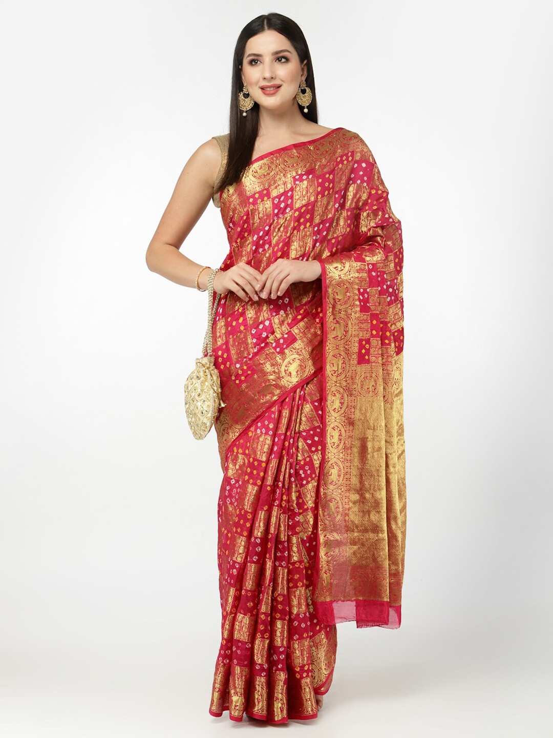

Kishori Sarees Bandhani Printed Zari Pure Silk Saree, Red