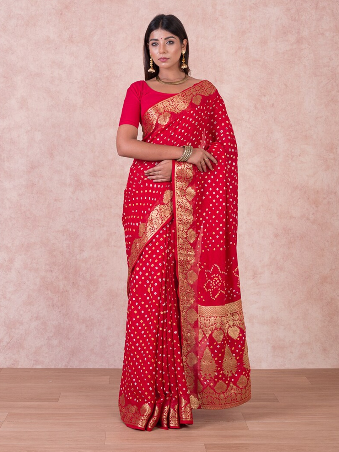 

Kishori Sarees Bandhani Printed Woven Design Zari Pure Silk Saree, Red
