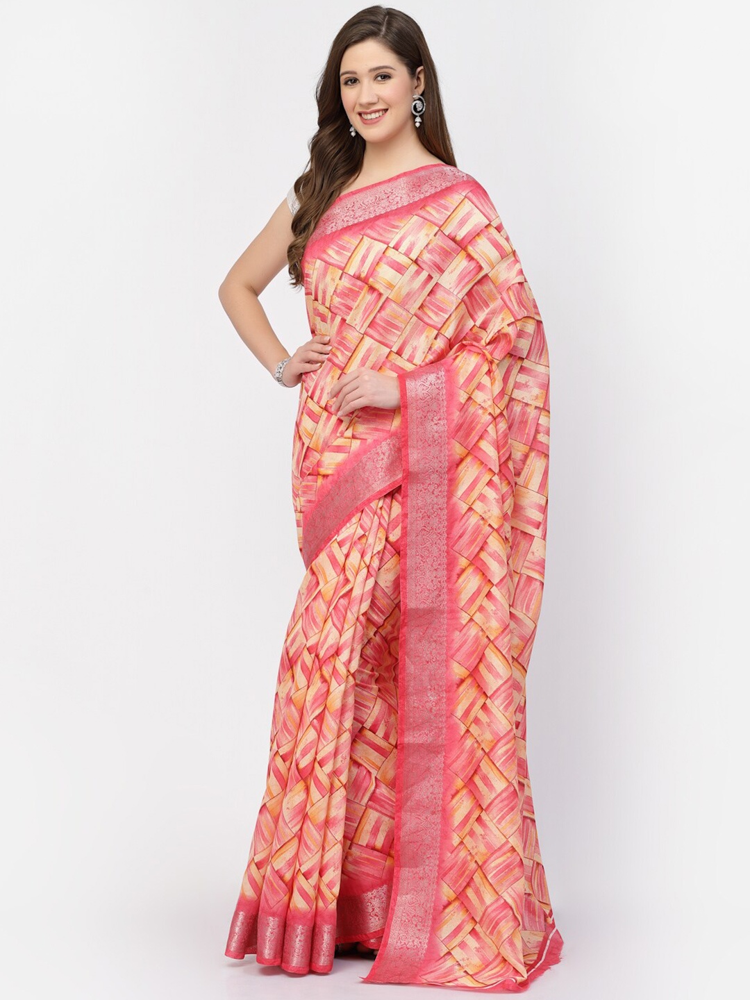 

Kishori Sarees Geometric Printed Zari Pure Cotton Saree, Pink