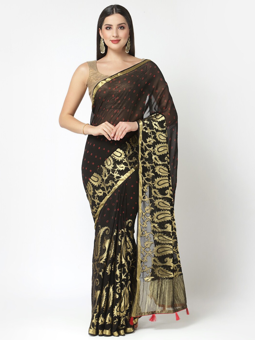 

Kishori Sarees Bandhani Zari Pure Silk Saree, Black