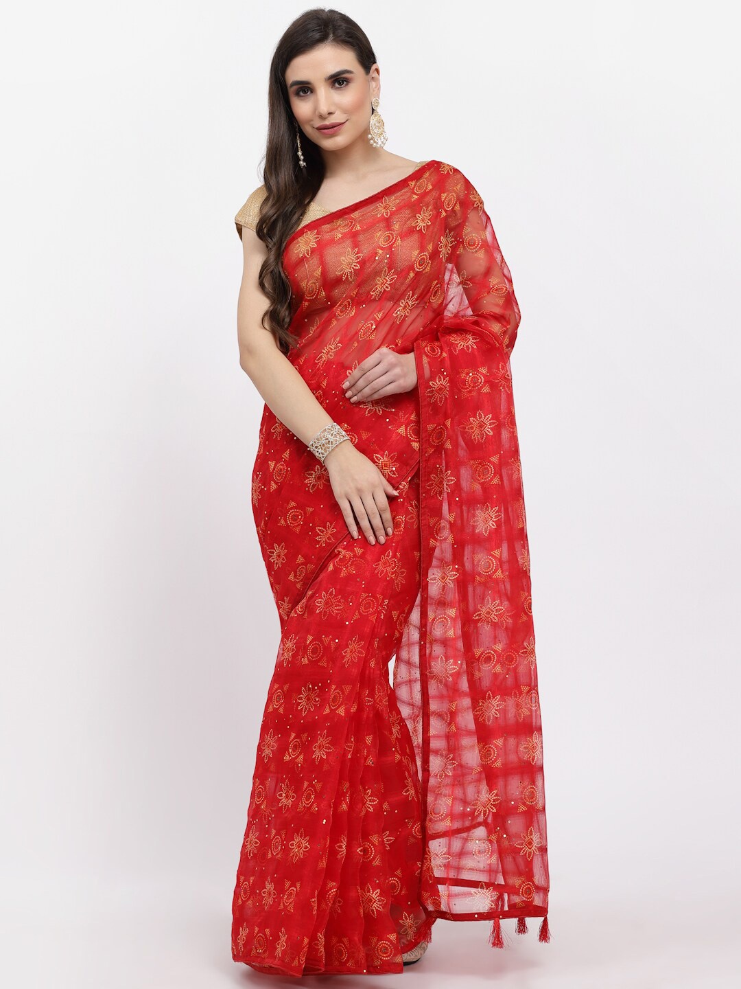 

Kishori Sarees Floral Organza Saree, Red