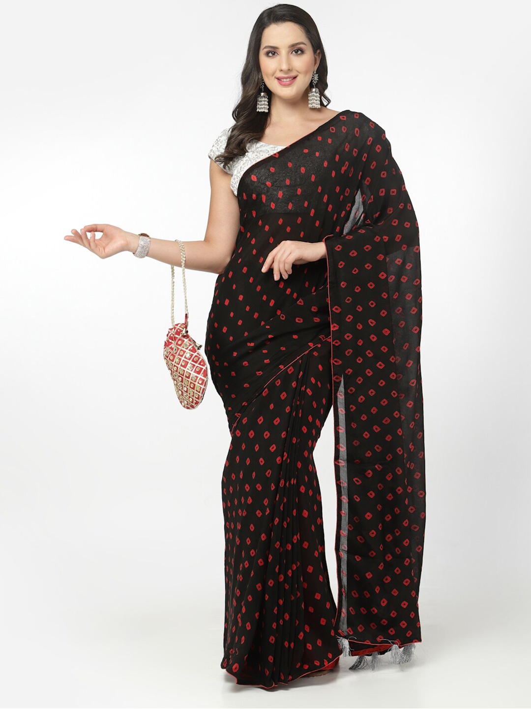 

Kishori Sarees Bandhani Pure Chiffon Saree, Black