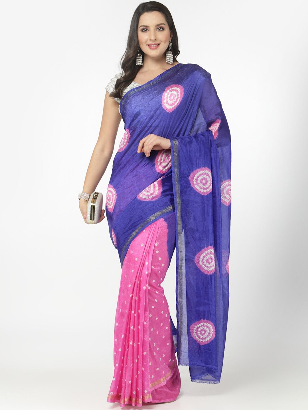 

Kishori Sarees Bandhani Zari Pure Silk Half and Half Saree, Purple