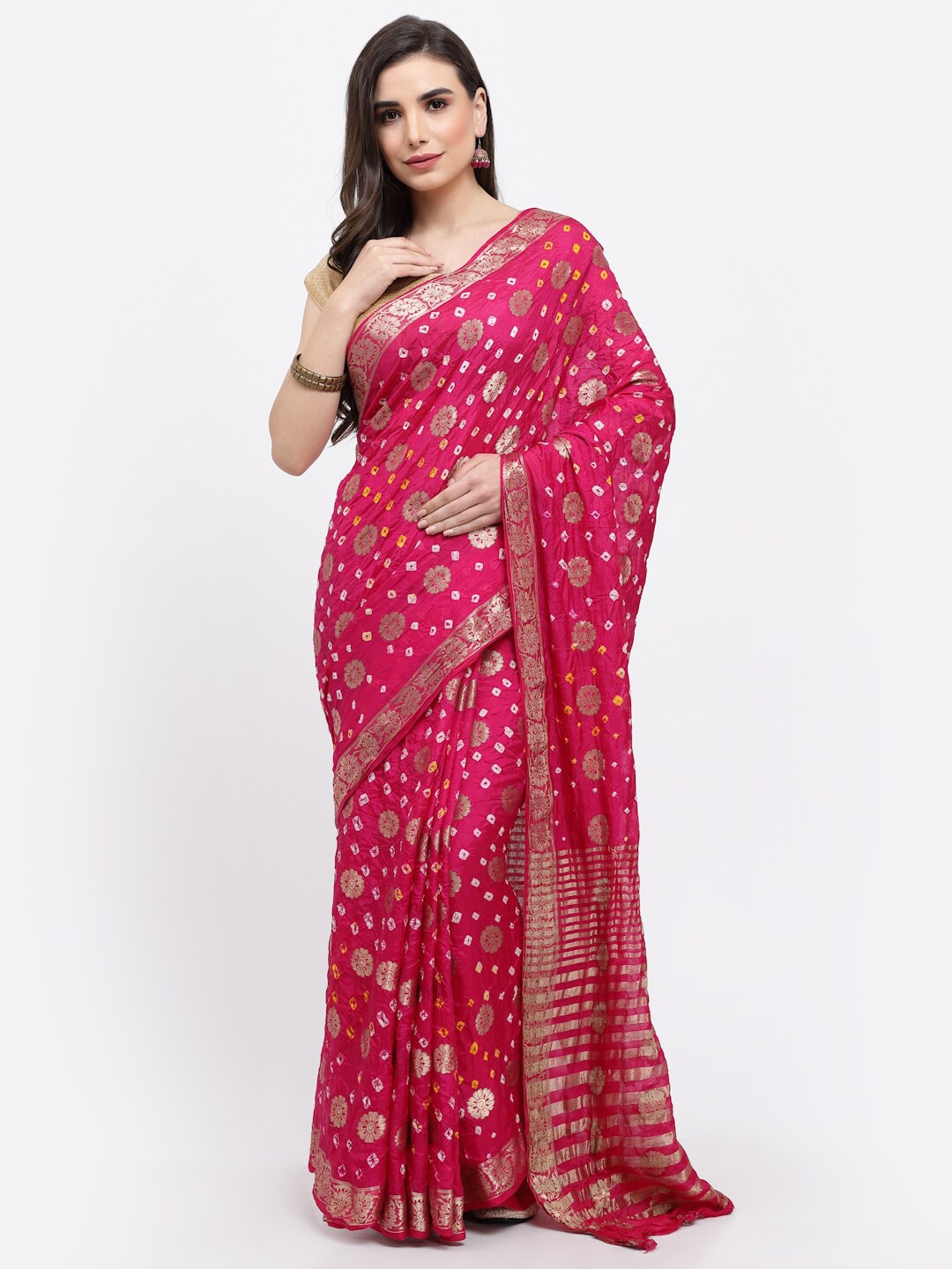 

Kishori Sarees Bandhani Zari Pure Silk Saree, Pink