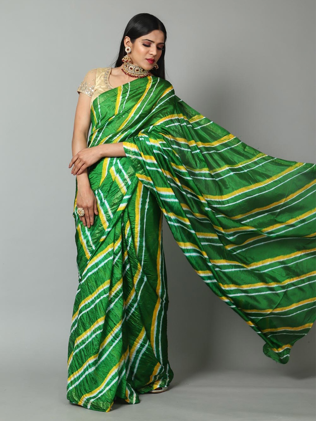 

Kishori Sarees Leheriya Zari Pure Crepe Saree, Green
