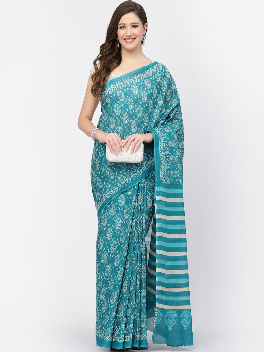 

Kishori Sarees Ajrak Block Pure Cotton Saree, Blue
