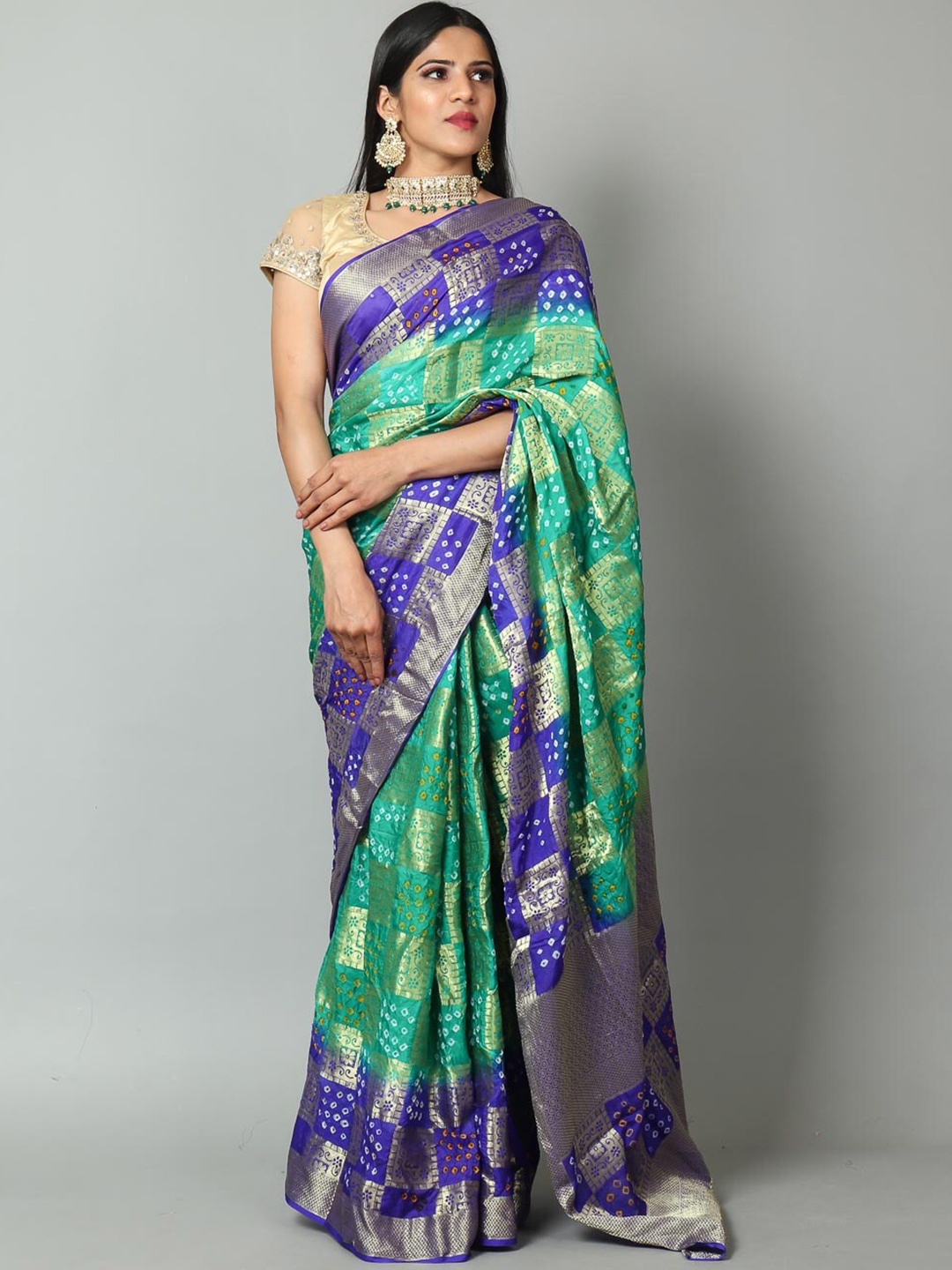 

Kishori Sarees Bandhani Zari Pure Silk Saree, Green