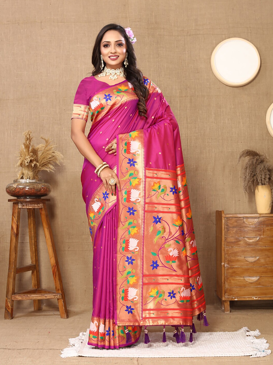 

KALINI Woven Design Zari Paithani Saree, Magenta