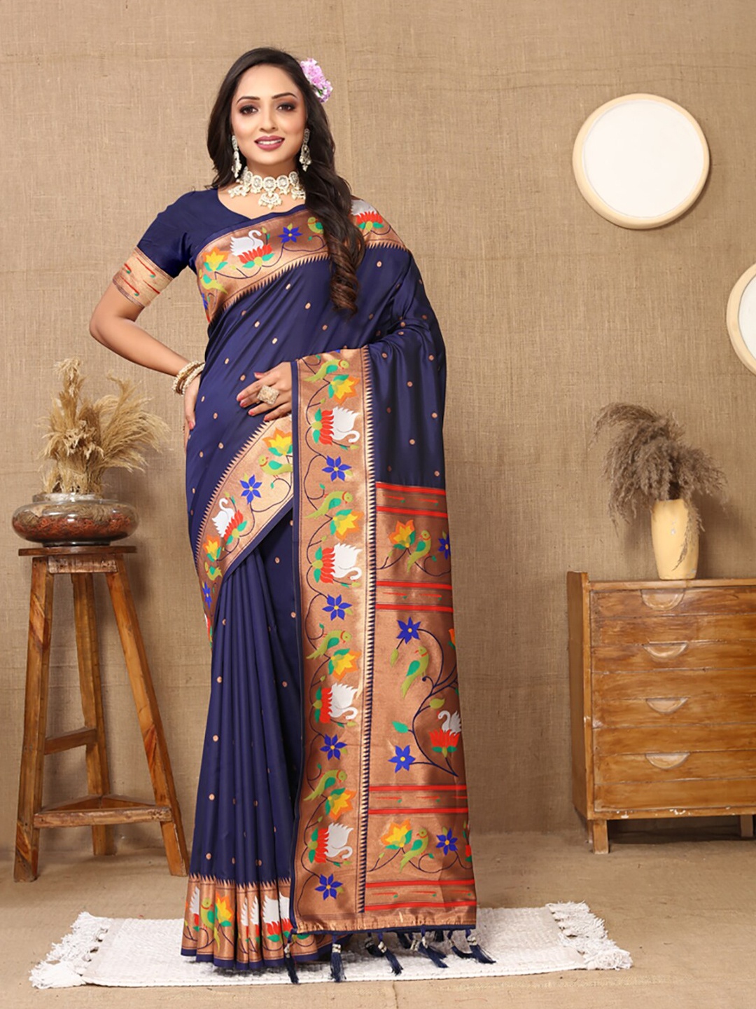

KALINI Woven Design Zari Paithani Saree, Navy blue