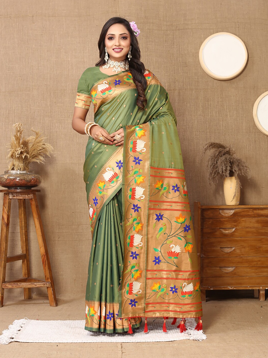 

KALINI Woven Design Zari Paithani Saree, Olive