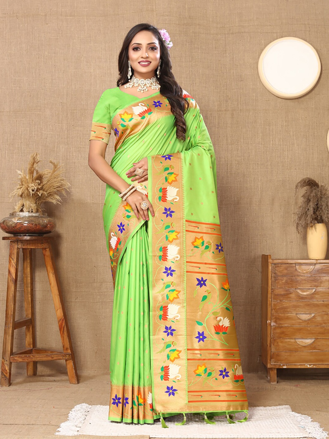 

KALINI Woven Design Zari Paithani Saree, Lime green