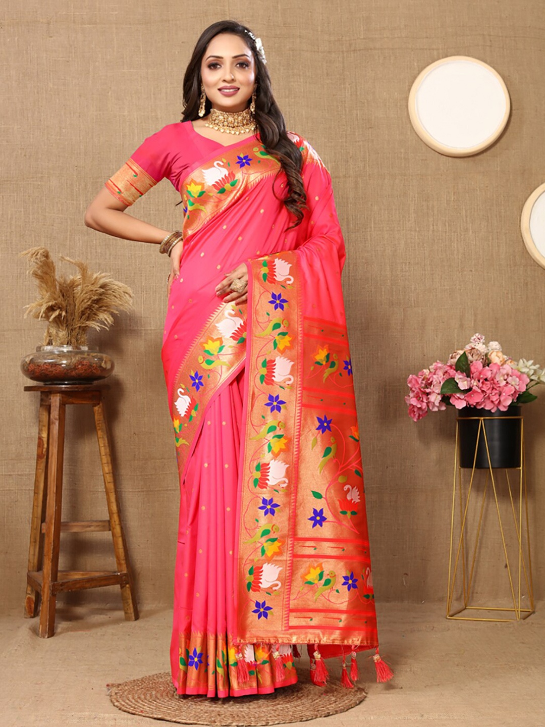 

KALINI Woven Design Zari Paithani Saree, Peach