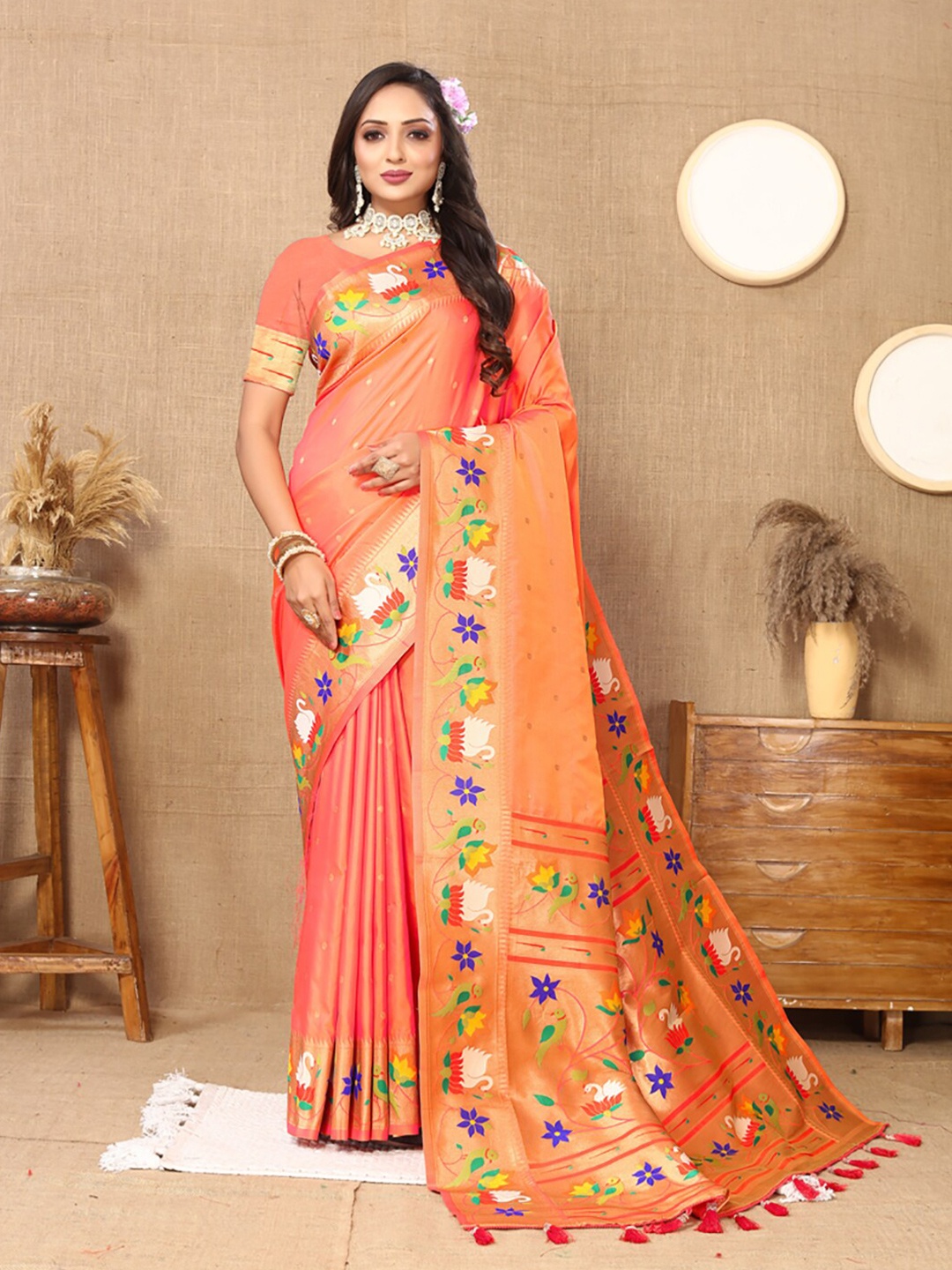 

KALINI Woven Design Zari Paithani Saree, Orange