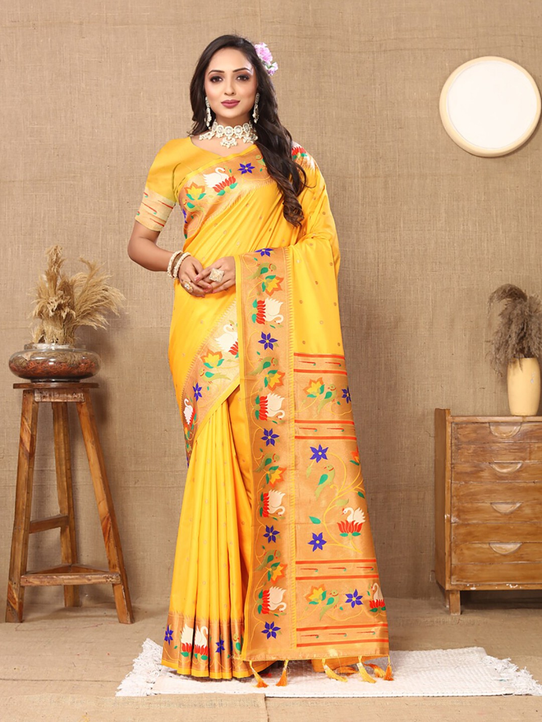 

KALINI Ethnic Woven Design Zari Art Silk Paithani Saree, Gold