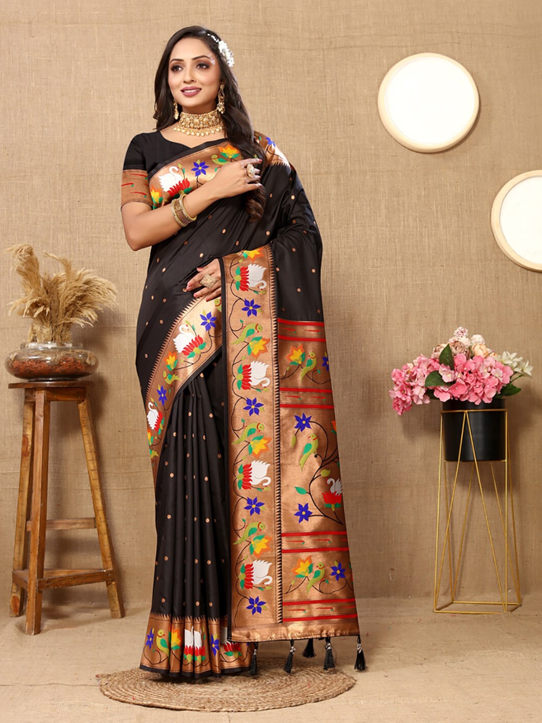 

KALINI Woven Design Zari Paithani Saree, Black