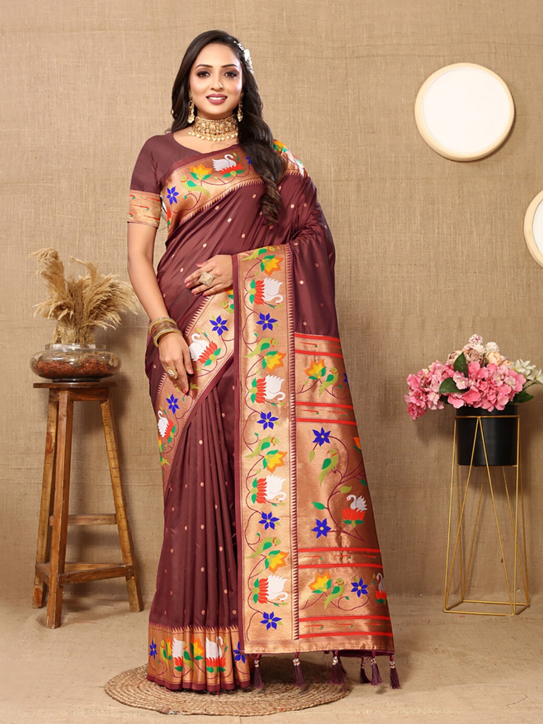 

KALINI Woven Design Zari Paithani Saree, Brown