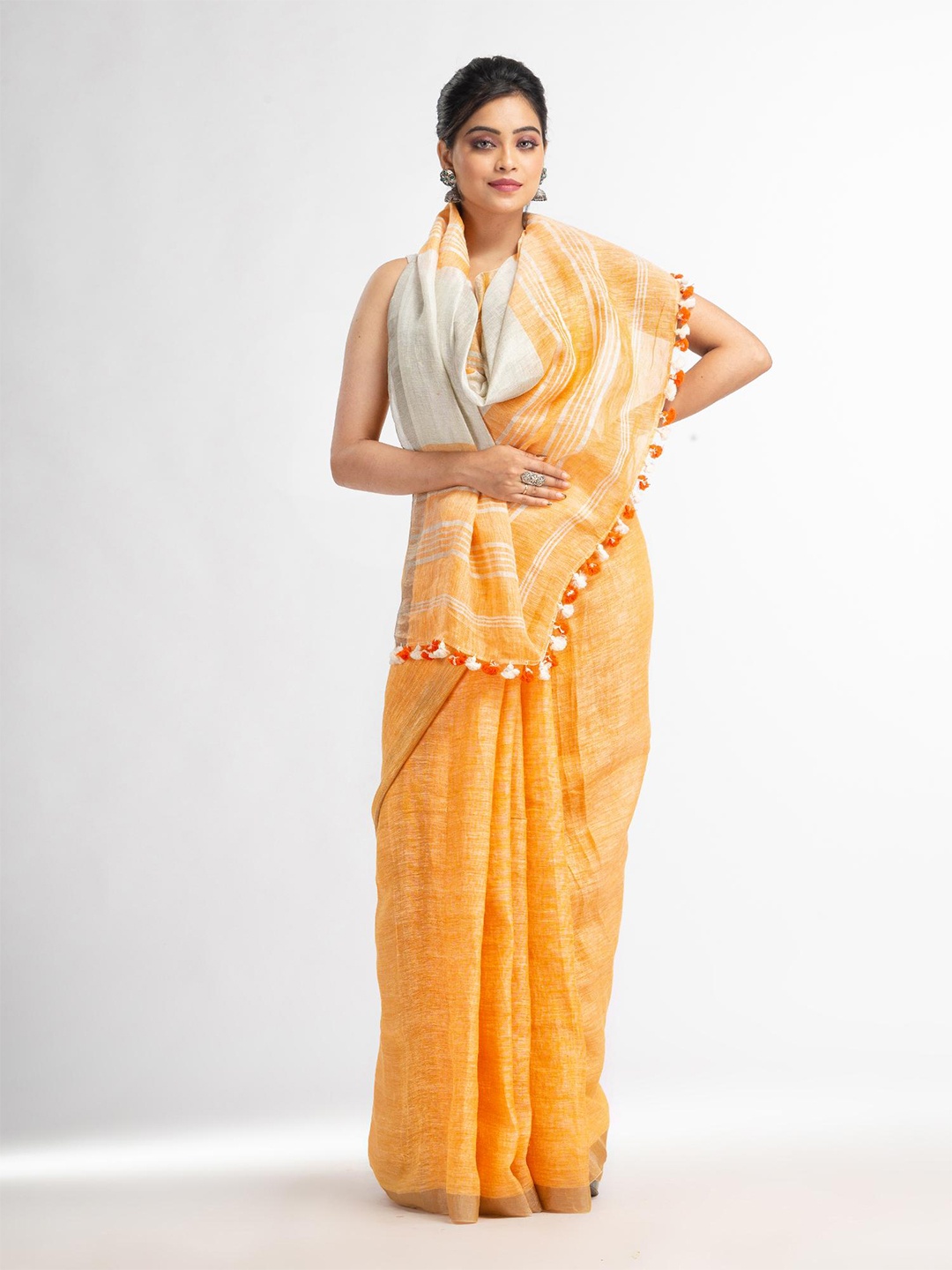 

Angoshobha Zari Pure Linen Saree, Orange