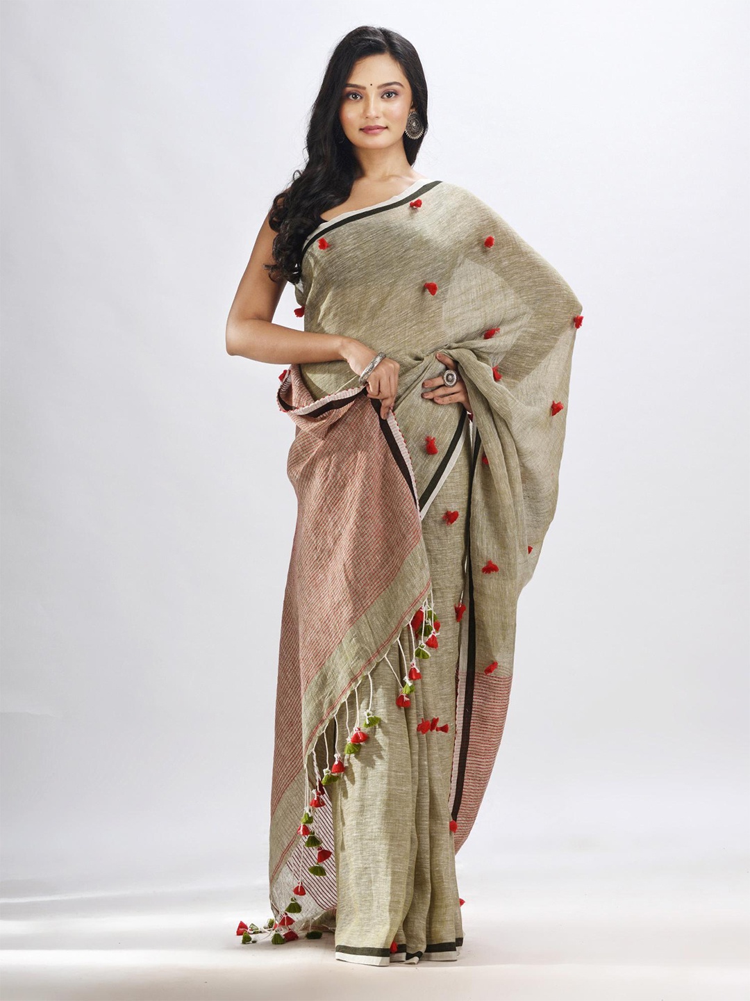 

Angoshobha Woven Design Pure Linen Saree, Green