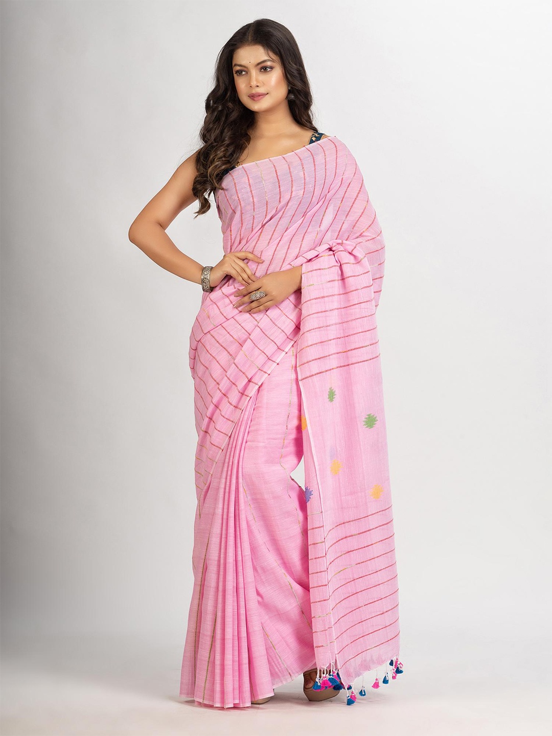 

Angoshobha Striped Pure Cotton Jamdani Saree, Pink