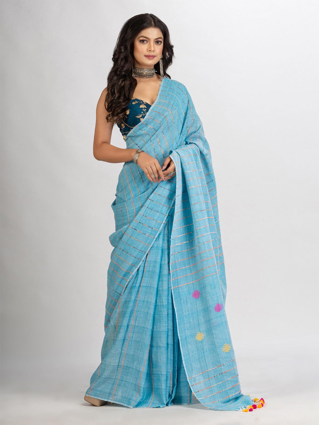 

Angoshobha Striped Pure Cotton Jamdani Saree, Blue