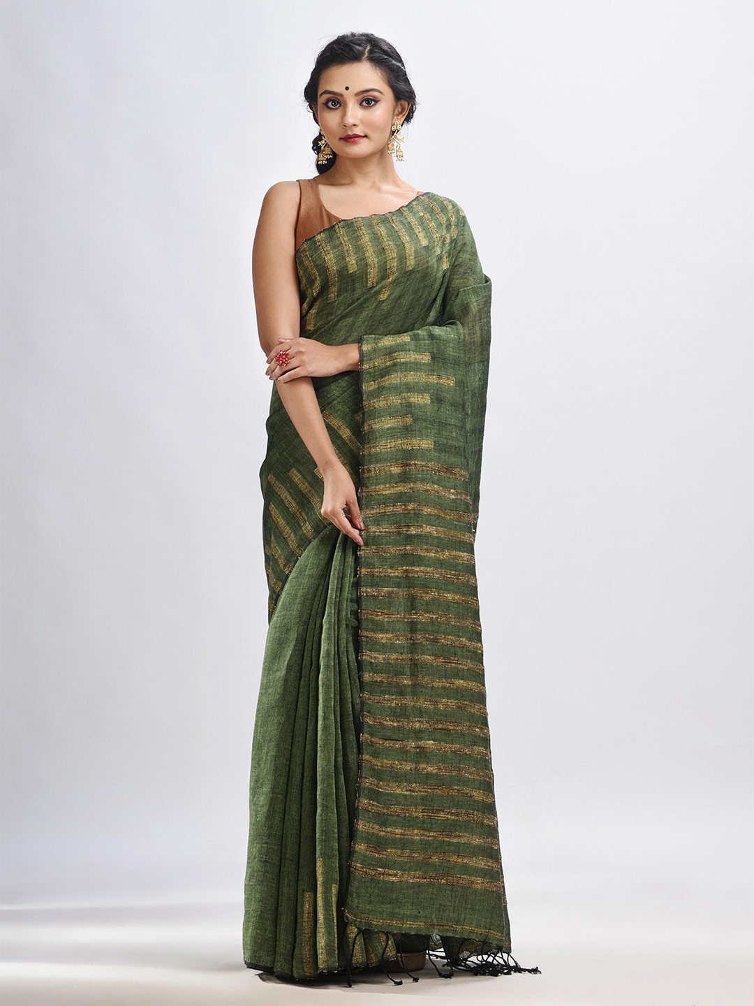 

Angoshobha Woven Design Zari Pure Linen Saree, Green