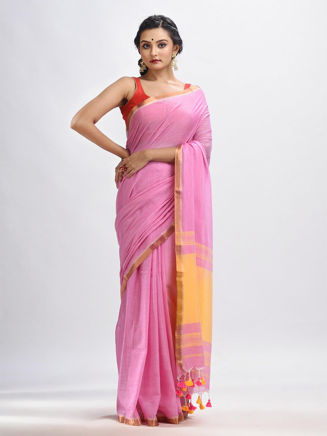 

Angoshobha Zari Pure Cotton Saree, Pink