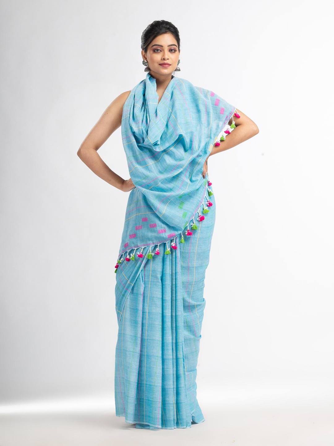 

Angoshobha Striped Pure Cotton Jamdani Saree, Blue