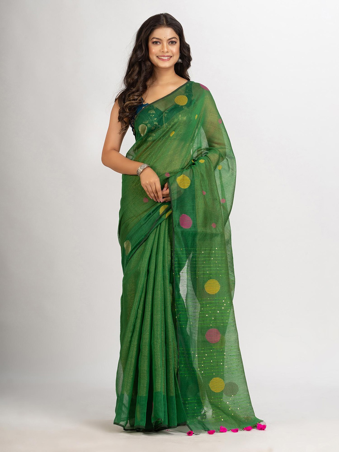 

Angoshobha Woven Design Sequinned Jamdani Saree, Green