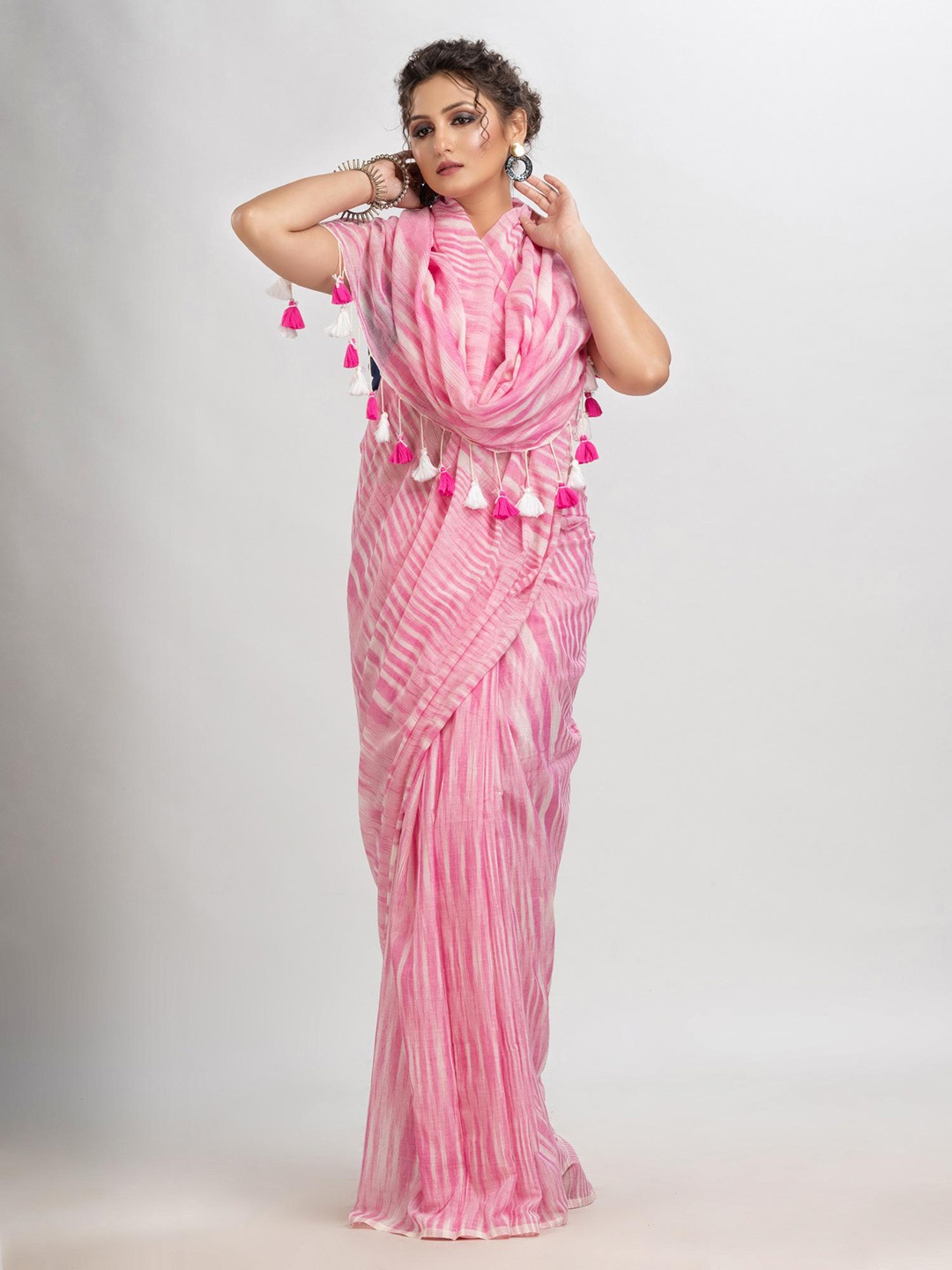 

Angoshobha Striped Printed Pure Cotton Saree, Pink