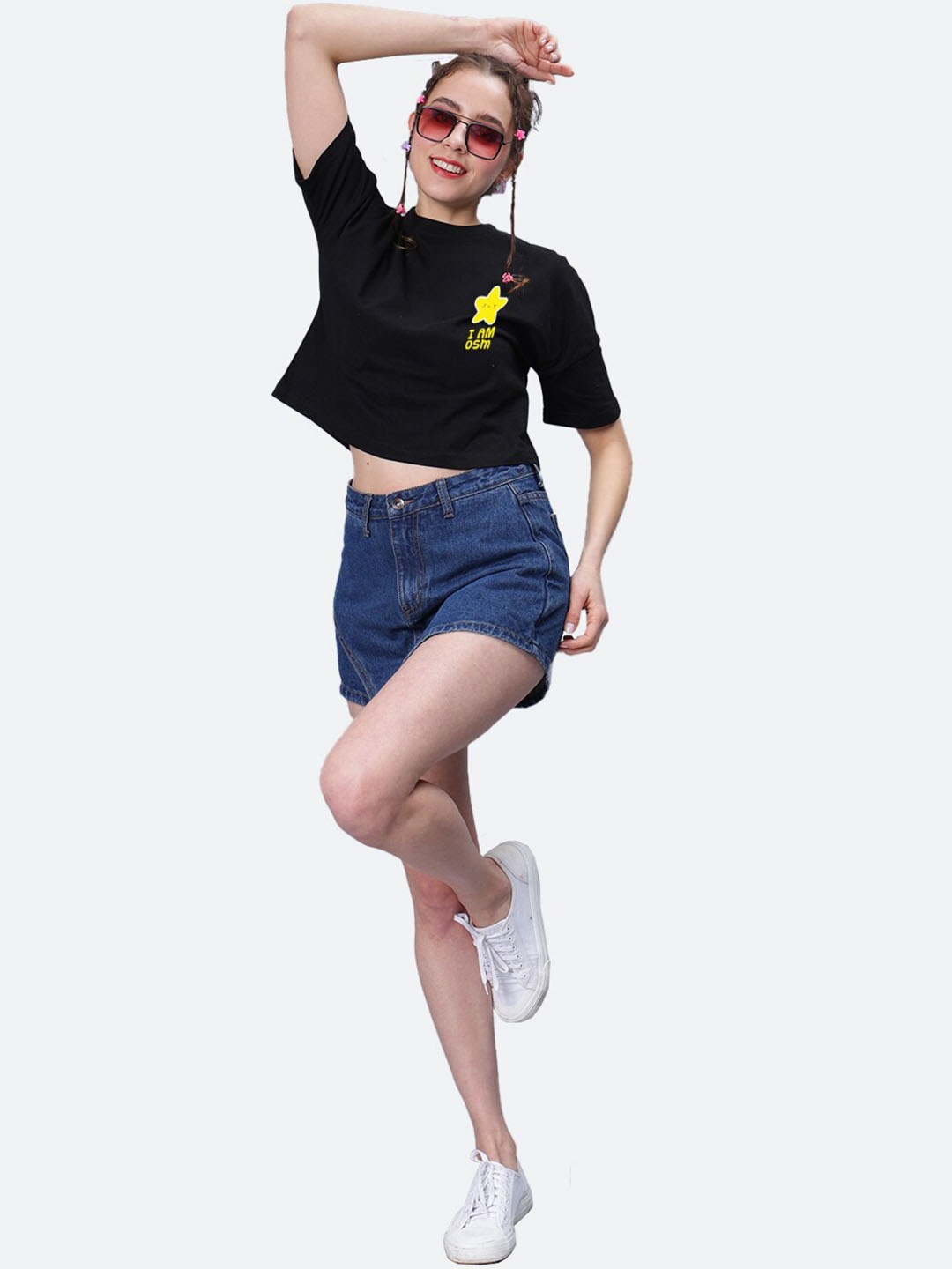 

Mad Over Print Graphic Printed Round Neck Drop Shoulder Sleeves Cotton Crop Top, Black