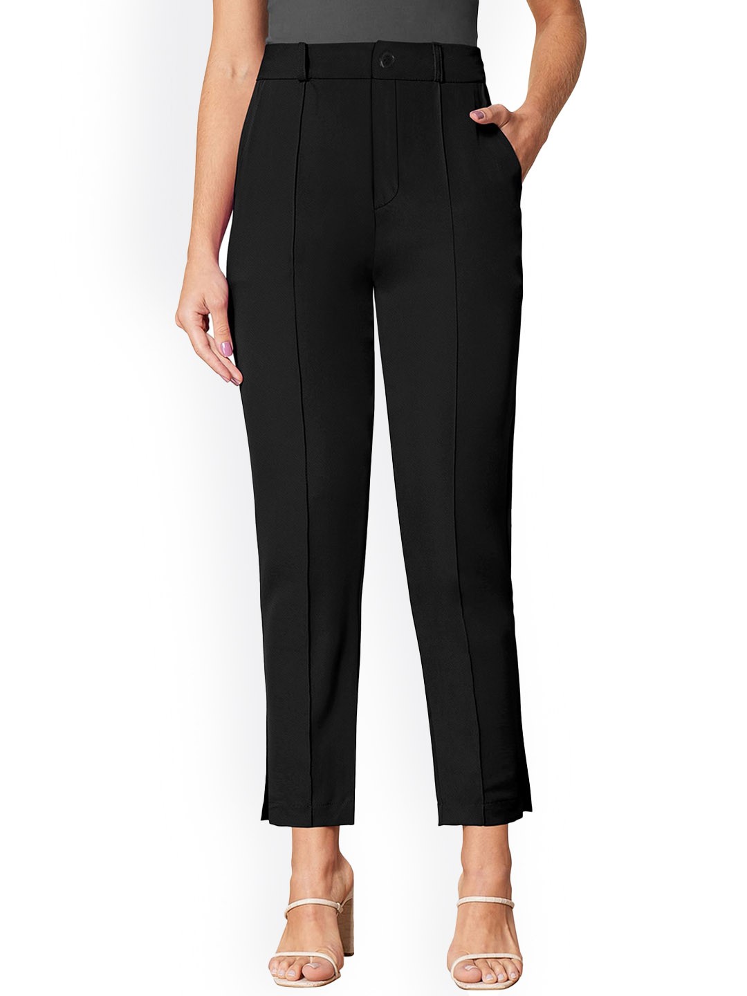 

BAESD Women Mid-Rise Cotton Trousers, Black