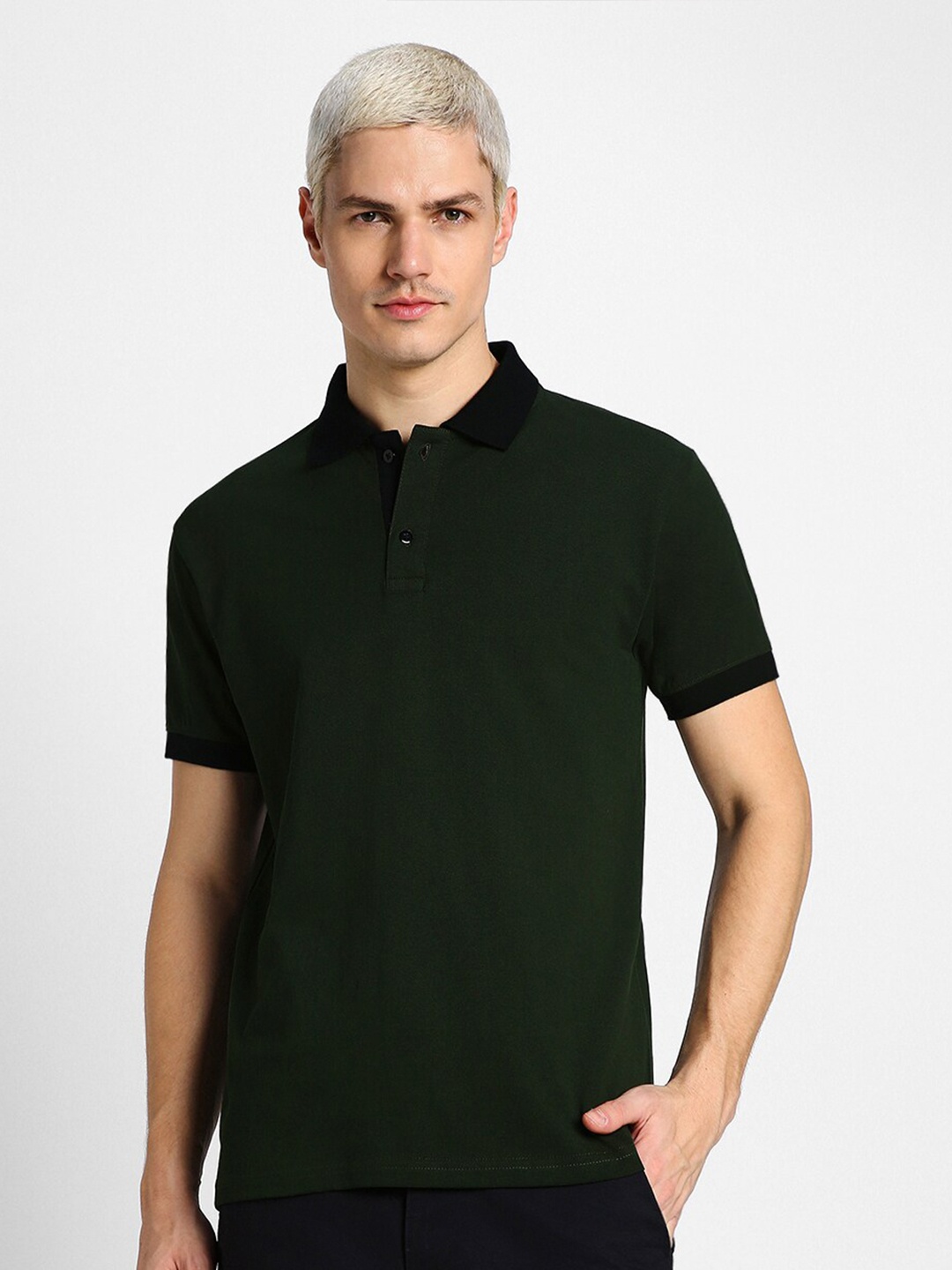 

VEIRDO Olive Polo Collar Pure Cotton T-shirt