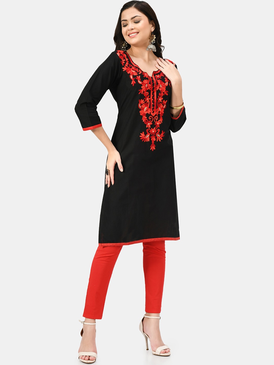 

KALINI Floral Embroidered Notched Neck Cotton Straight Kurta, Black