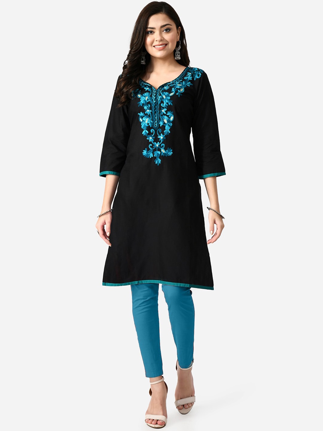 

KALINI Round Neck Floral Yoke Design Thread Work Kurta, Blue