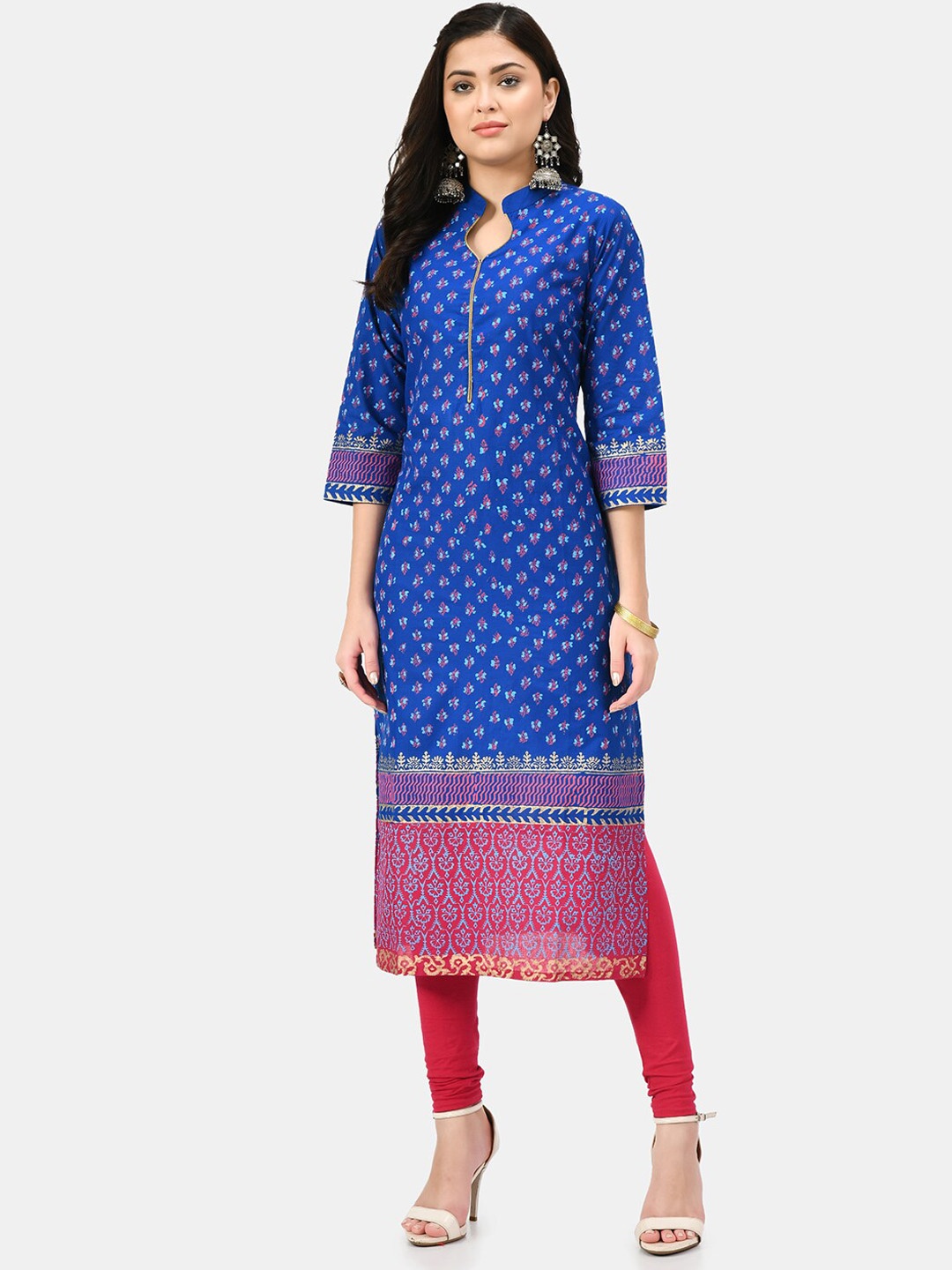 

KALINI Ethnic Motifs Printed Mandarin Collar Cotton Straight Kurta, Blue