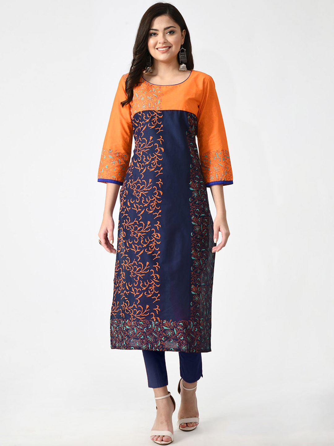 

KALINI Round Neck Ethnic Motifs Printed Straight Cotton Kurta, Orange