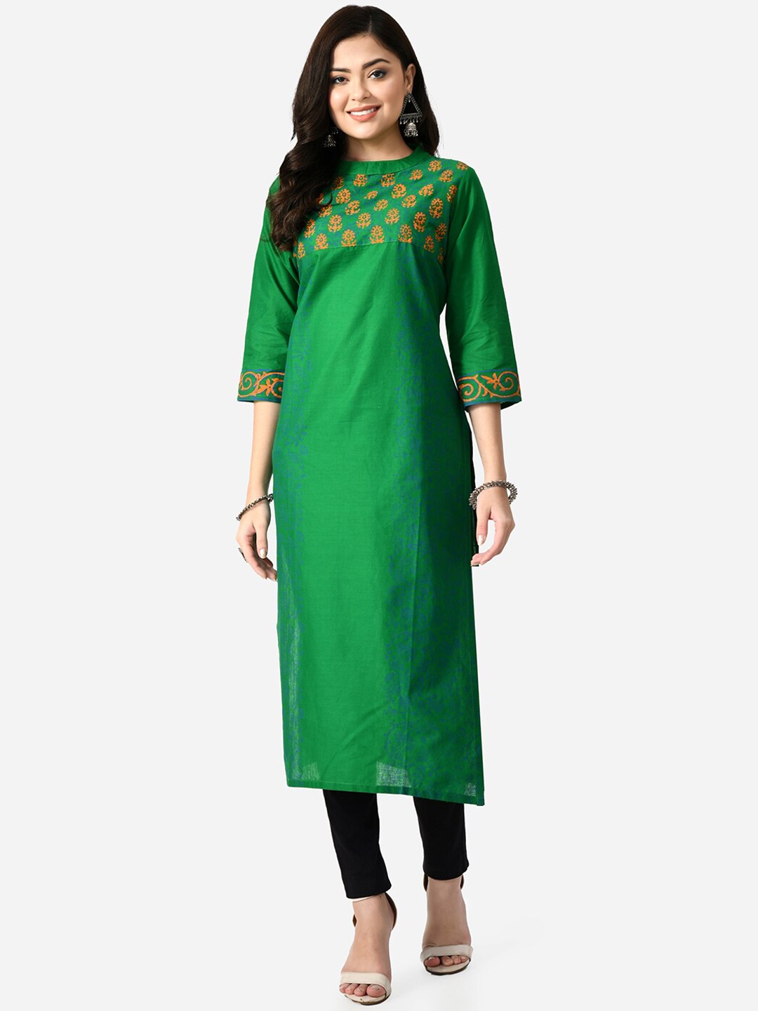 

KALINI Round Neck Ethnic Printed Straight Cotton Kurta, Green