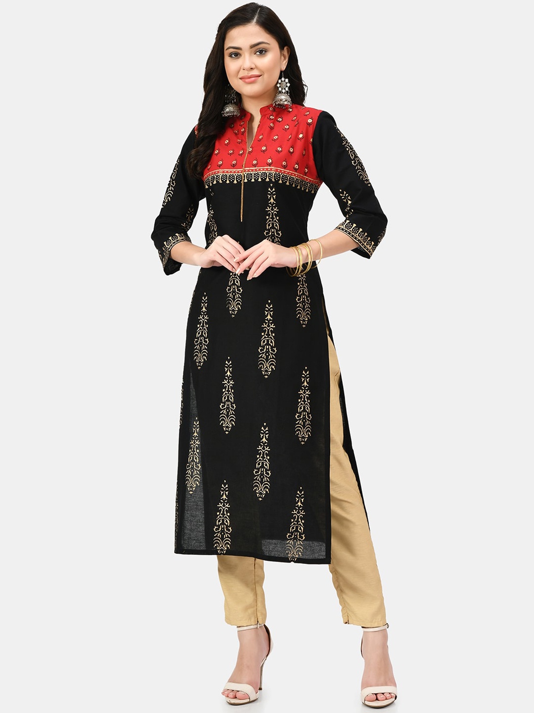 

KALINI Mandarin Collar Ethnic Motifs Embroidered Sequinned Straight Kurta, Black