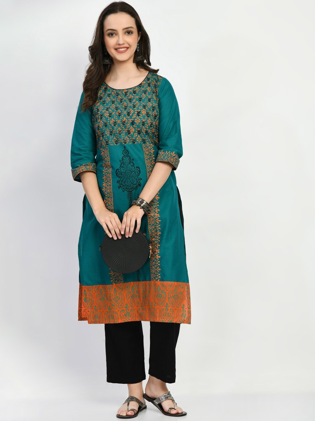 

KALINI Ethnic Motifs Printed Pure Cotton Kurta, Green