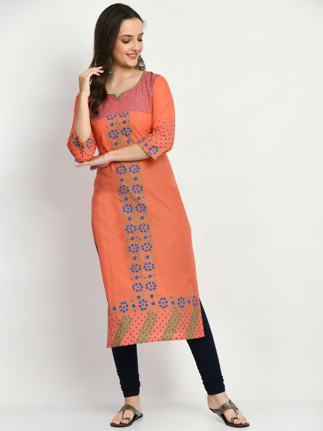 

KALINI Ethnic Motifs Printed Pure Cotton Kurta, Peach