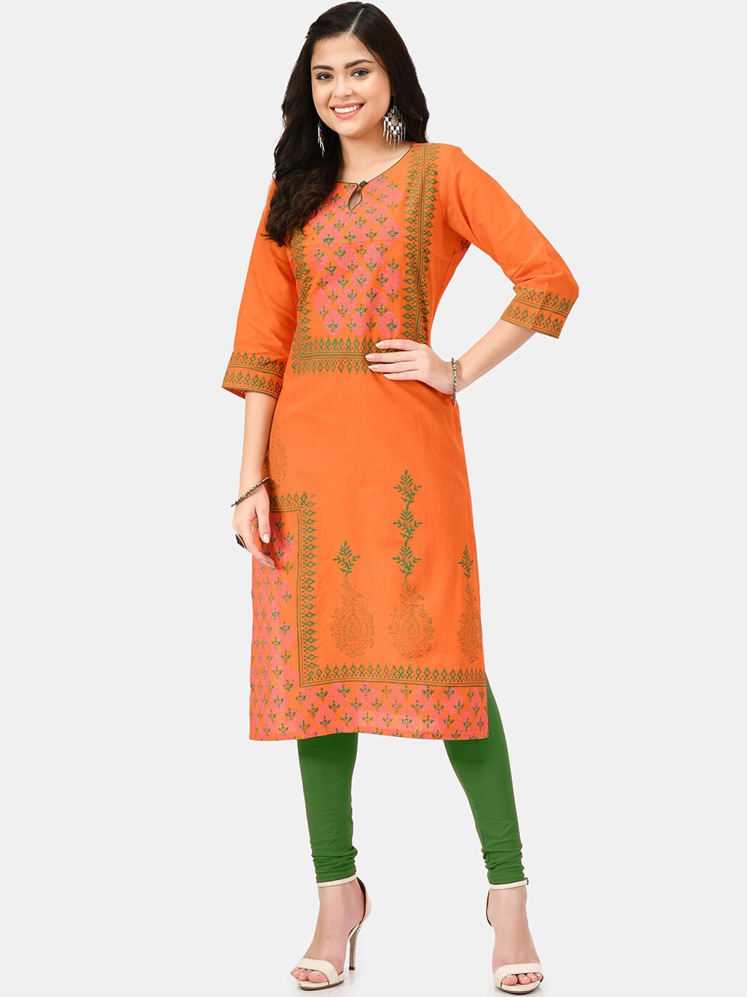 

KALINI Ethnic Motifs Embroidered Cotton Strigth Kurta, Orange