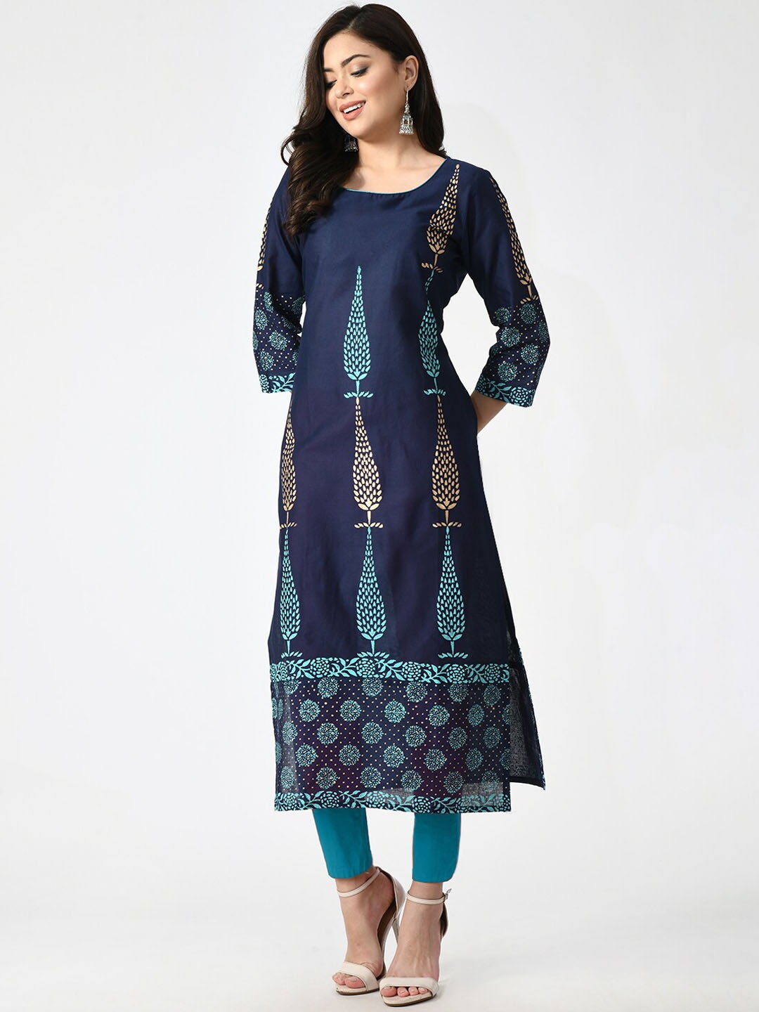 

KALINI Round Neck Ethnic Motifs Straight Cotton Kurta, Blue