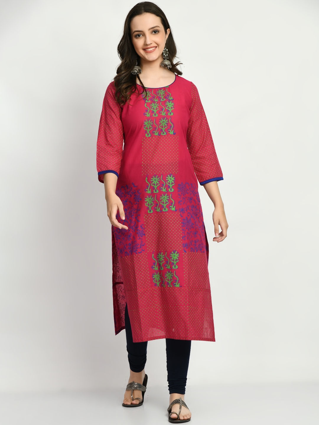 

KALINI Floral Printed Round Neck Cotton Straight Kurta, Magenta