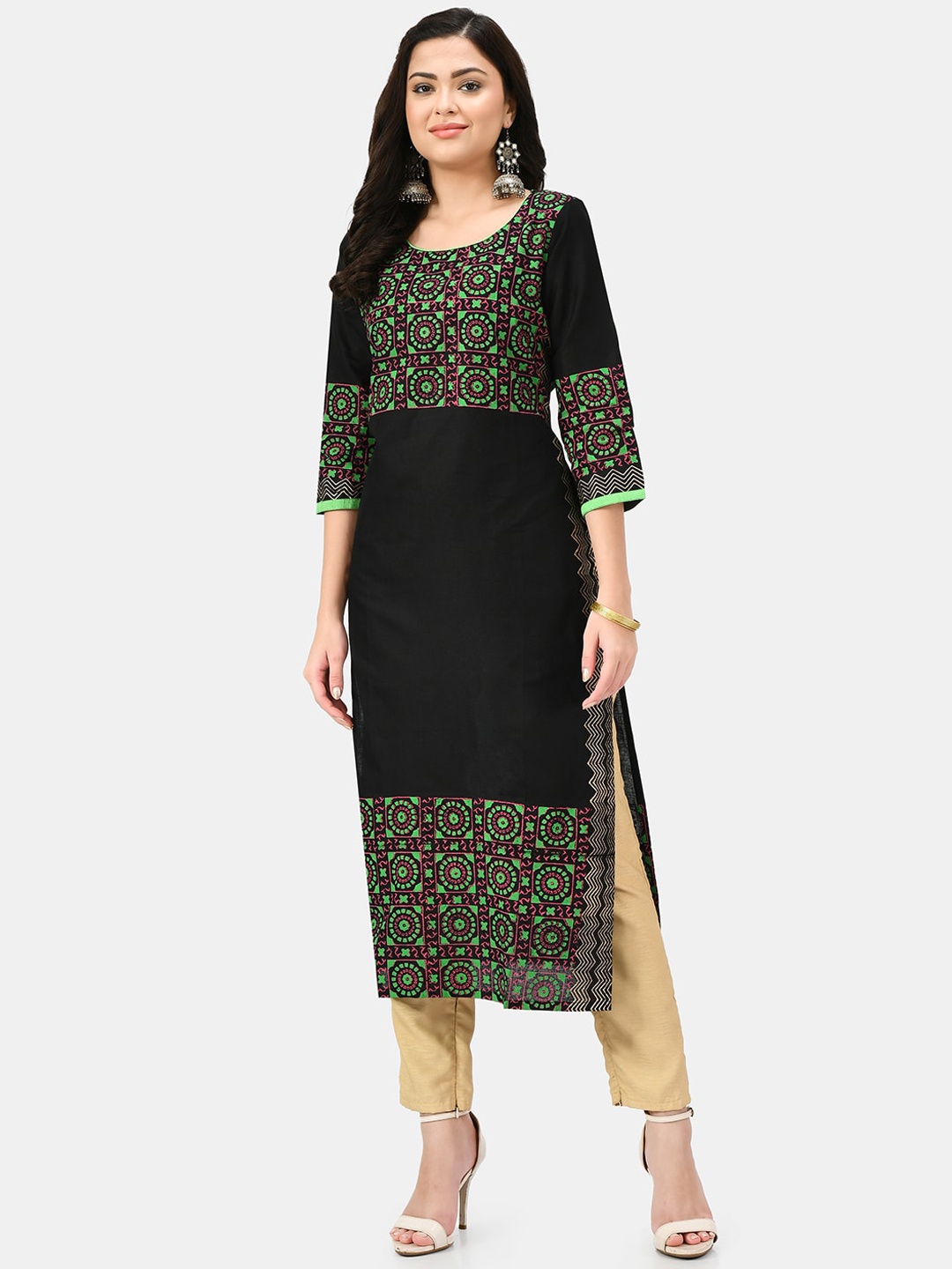 

KALINI Round Neck Ethnic Printed Straight Cotton Kurta, Black