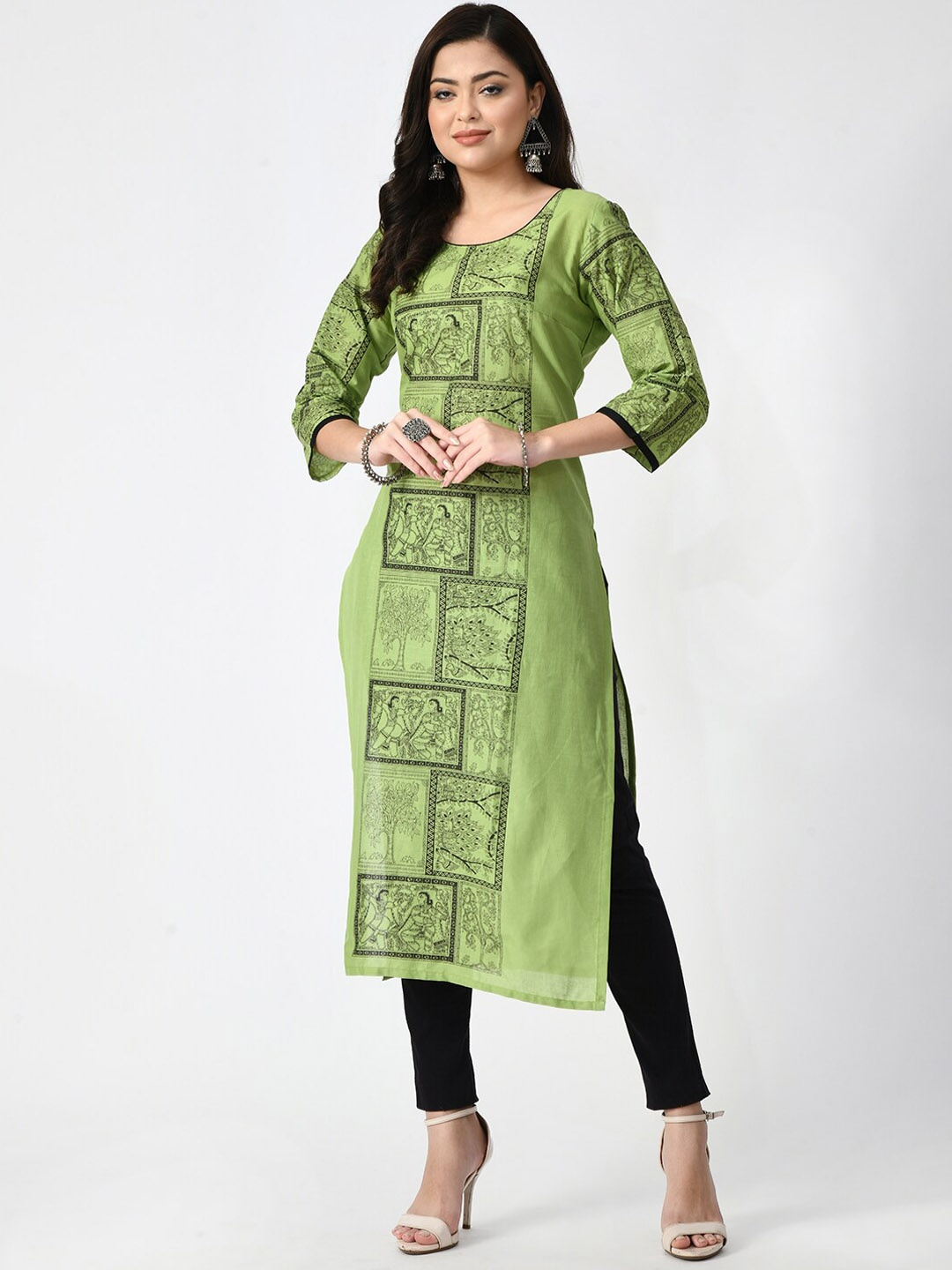 

KALINI Ethnic Motifs Printed Pure Cotton Kurta, Green