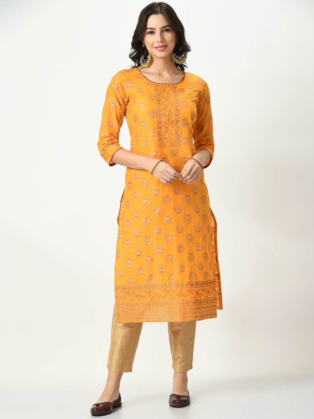 

KALINI Round Neck Ethnic Motifs Printed Cotton Kurta, Mustard
