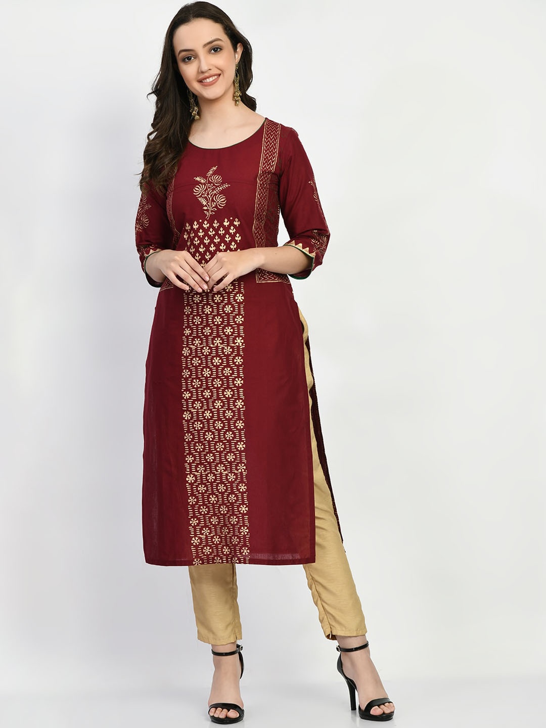 

KALINI Round Neck Ethnic Motifs Printed Straight Cotton Kurta, Brown