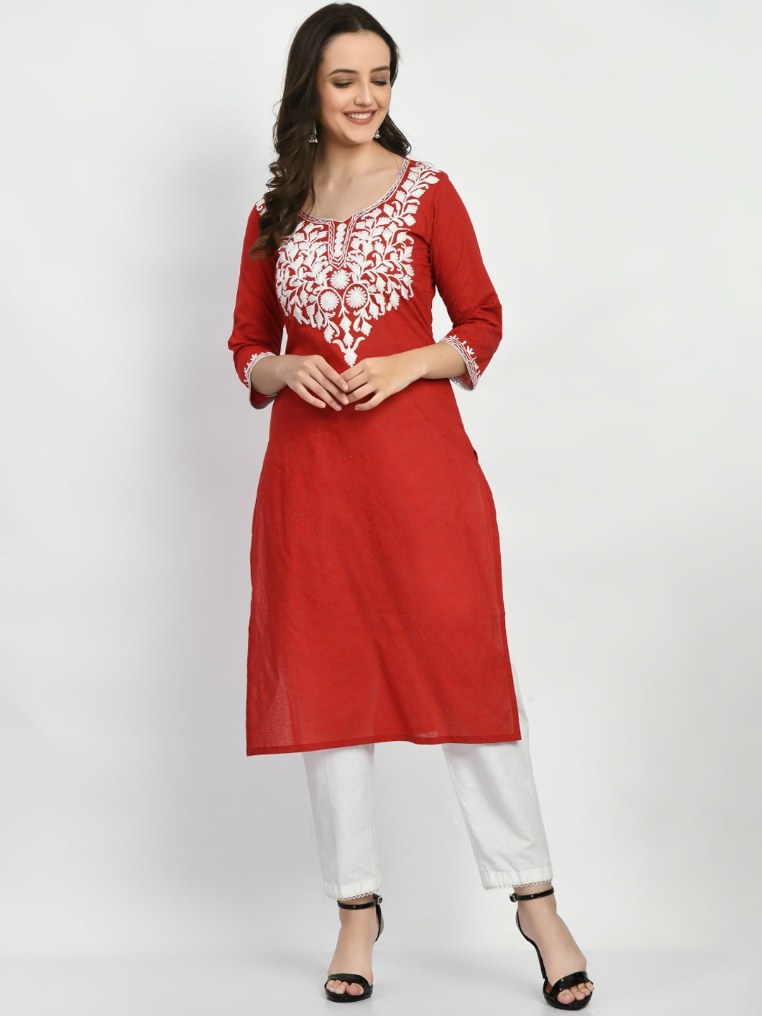 

KALINI Yoke Design Thread Work Cotton Strigth Kurta, Red