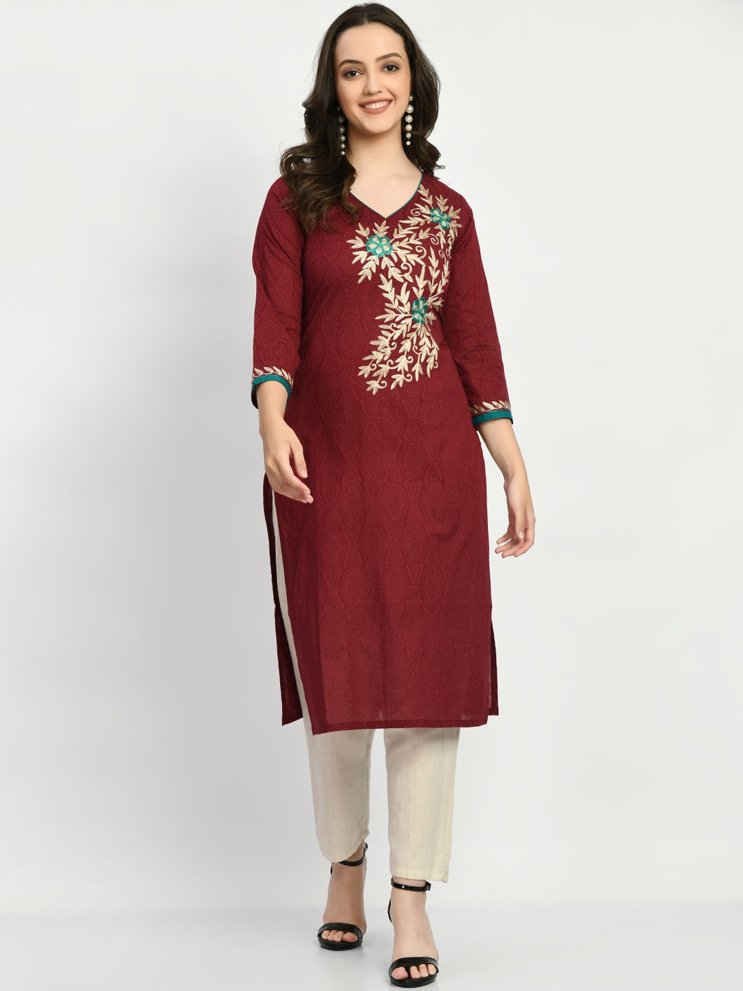 

KALINI Floral Embroidered Thread Work Cotton Strigth Kurta, Brown